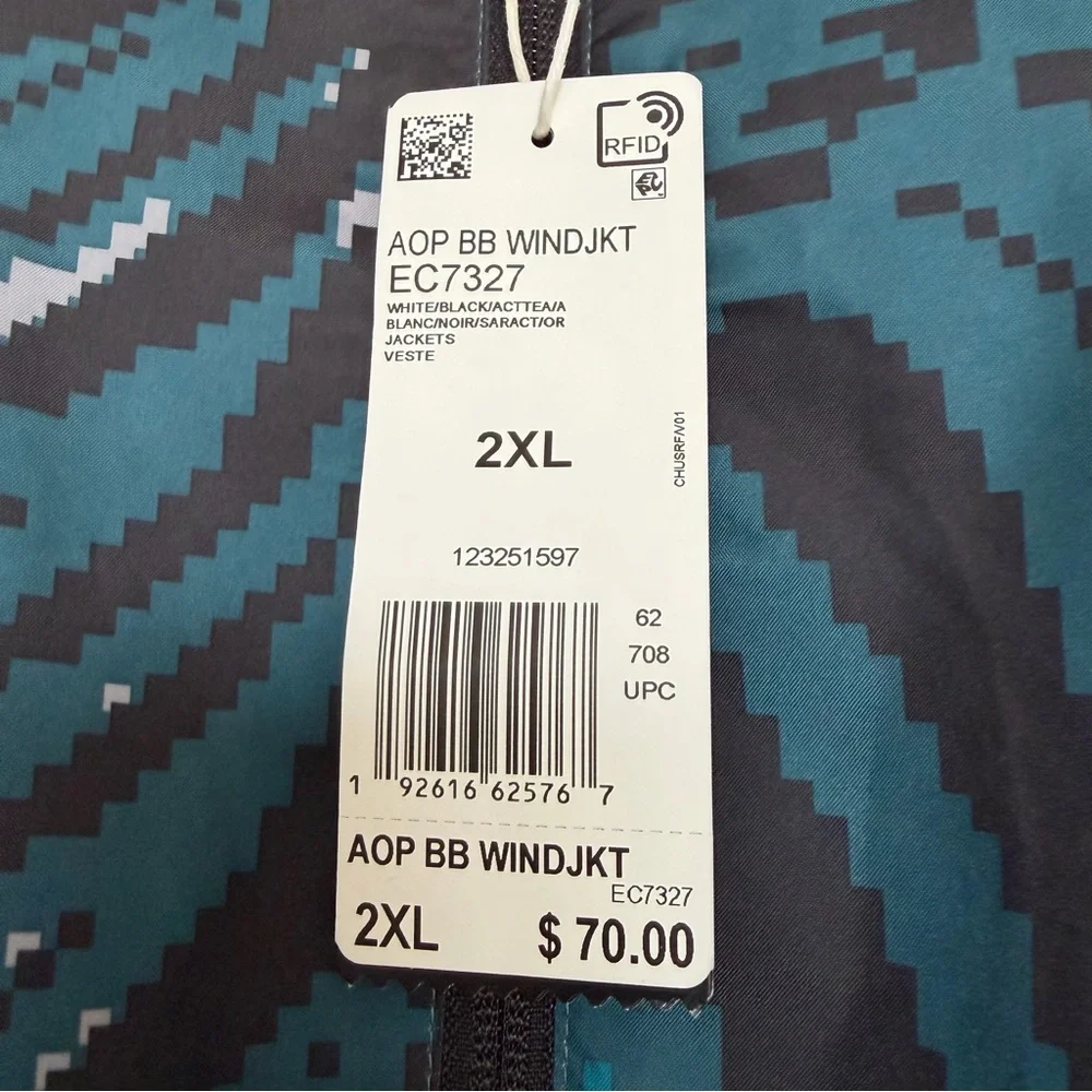 NWT Men’s 2XL Adidas Black and Teal Patterned Windbreaker Athleisure